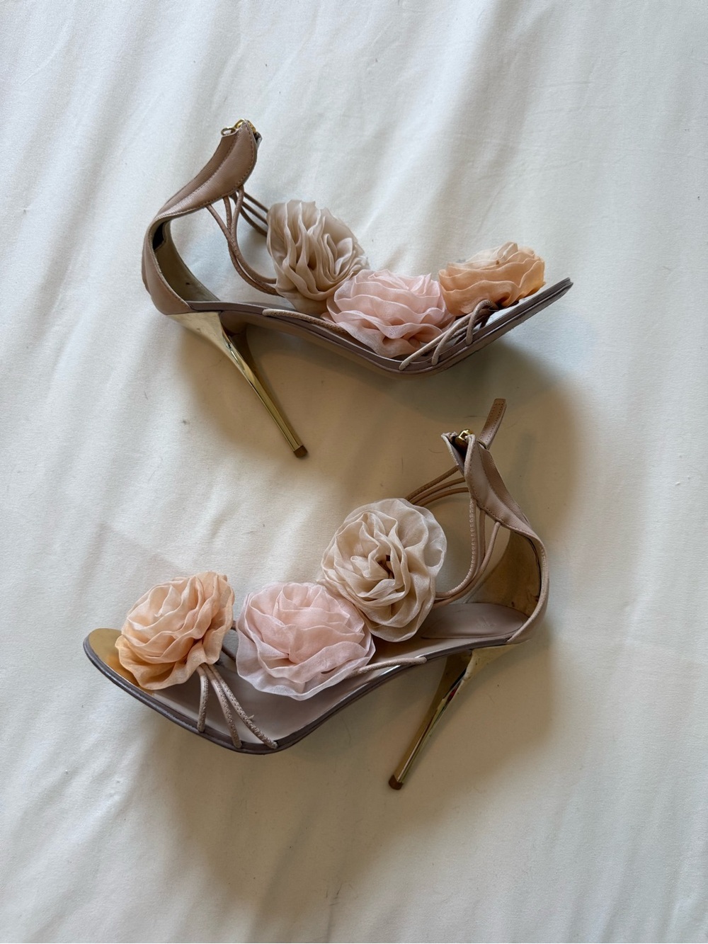 Giuseppe Zanotti | Floral Accent Nude/Gold High Heel Sandals | 38.5